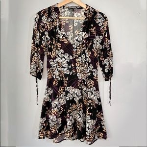 Express floral puff shoulder ruched sleeve fit and flare dress